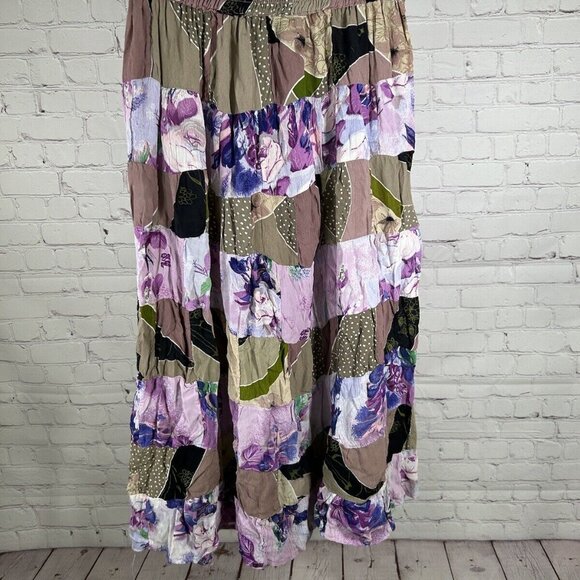 Vintage Flower Brand Pattern Drawstring Waist Tiered Flowy Skirt India Made O/S - Picture 4 of 8